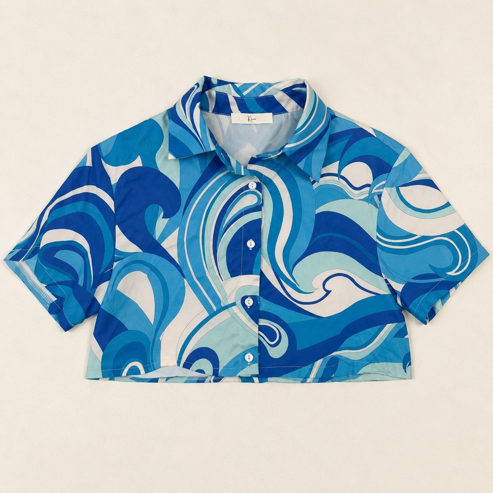 Klesis Blue Psychedelic Cropped Shirt 70s Vibe Festival Sky Wave pucciesque S